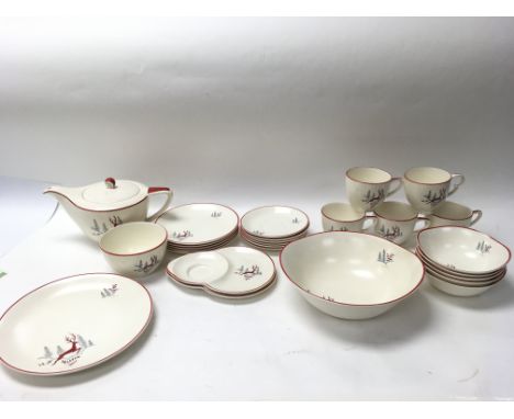 A Crown Devon tea set, in the Stockholm edition. comprising of 5 tea cups, 5 saucers, 5 side plates. 2 saucers with small sid