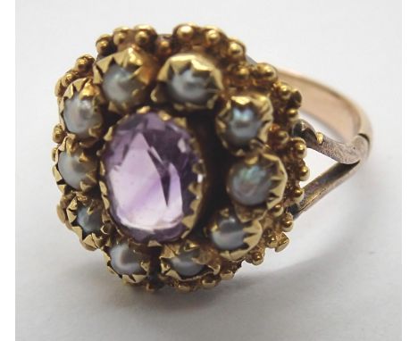 A presumed 9ct Victorian amethyst and pearl cluster ring. 4g, size P1/2 