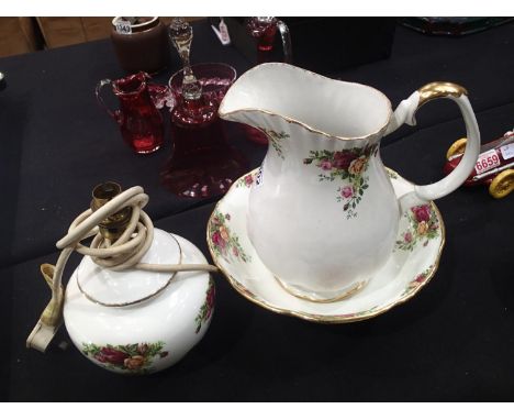 Royal Albert Old Country Roses jug with bowl and a lamp 