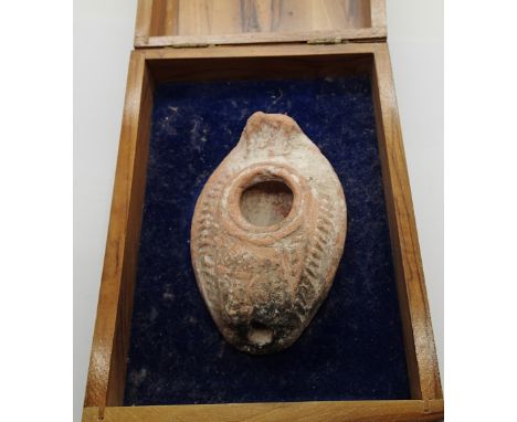 Olivewood cased Roman Byzantine oil lamp 