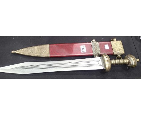 Heavy Roman Gladius with brass grip and brass fittings to scabbard L: 74 cm, blade L: 51 cm 