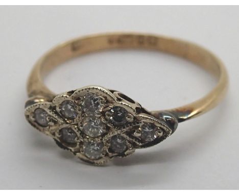 Vintage 9ct gold diamond cluster cocktail ring. 2g, size R 