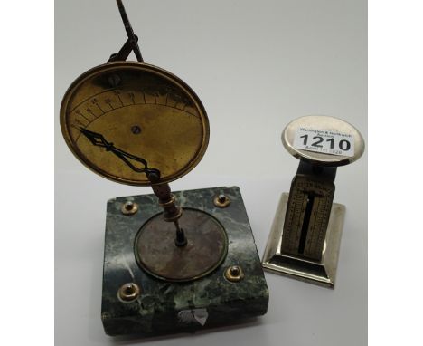 Pair of 20thC French postage scales on onyx base H: 17 cm and a pair of English balance scales 