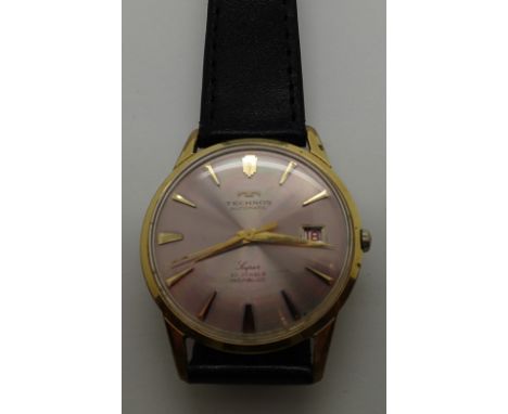 1970s Technos Automatic Super 30 jewel wristwatch with rare purple dial with concentric circles on a new leather strap and ne