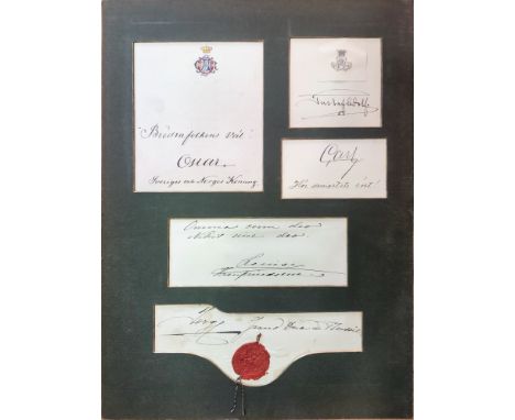 ROYALTY: A pair of stiff card folio pages removed from an album featuring window mounted signed pieces and cards (13) and sig