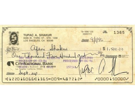 SHAKUR TUPAC: (1971-1996) American rapper. A rare D.S., Tupac A Shakur, being a signed cheque, Los Angeles, California, 1st S