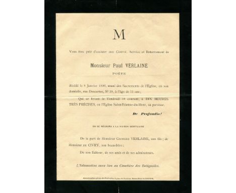 [VERLAINE PAUL]: (1844-1896) French Poet. Considered one of the greatest in French poetry. Original printed mourning invitati