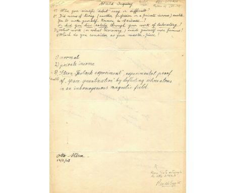STERN OTTO: (1888-1969) German-American physicist, Nobel Prize winner for Physics, 1943. Manuscript Document, unsigned, (alth