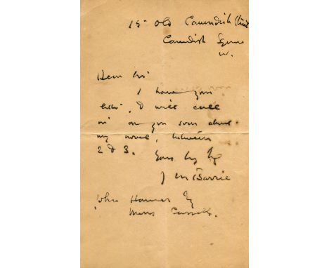 BARRIE J. M.: (1860-1937) Scottish novelist and playwright, the creator of Peter Pan. A.L.S., J M Barrie, one page, 8vo, Cave