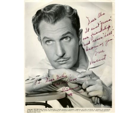 PRICE VINCENT: (1911-1993) American actor. Vintage signed and inscribed 8 x 10 photograph by Price, the original 1953 RKO Rad