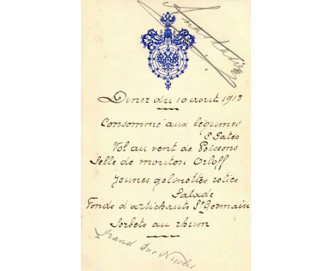 [RUSSIA]: A small 8vo menu card featuring an attractive blue printed Russian coat of arms at the head, and with the manuscrip