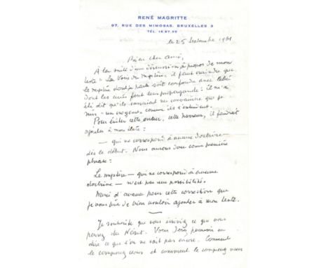 MAGRITTE RENÉ: (1898-1967) Belgian Surrealist Painter. An interesting and philosophical letter written by Magritte A.L.S., `R