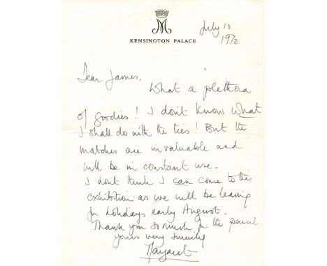 MARGARET PRINCESS: (1930-2002) Countess of Snowdon, younger sister of Queen Elizabeth II. A.L.S., Margaret, one page, 8vo, Ke