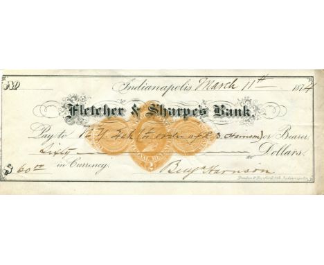 HARRISON BENJAMIN: (1833-1901) American President 1889-93. D.S., Benj. Harrison, being a signed cheque, Indianapolis, 11th Ma