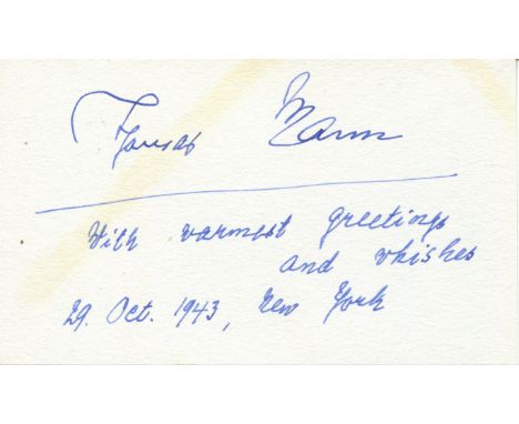 NOBEL PRIZE WINNERS: Thomas Mann (1875-1955) German novelist, Nobel Prize winner for Literature, 1929. Blue fountain pen ink 