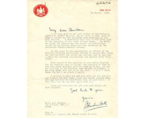 AUCHINLECK CLAUDE: (1884-1981) British Field Marshal of World War II, Commander-in-Chief, India 1943-47. T.L.S., C. J. Auchin