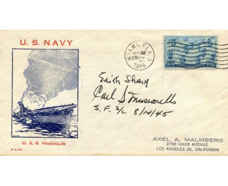[VJ DAY KISS]: A vintage United States Navy commemorative cover issued in honour of the U.S.S. Franklin, and featuring an ima