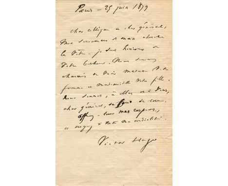 HUGO VICTOR: (1802-1885) French Poet & Novelist of the Romantic Movement. A good A.L.S., Victor Hugo, one page, 8vo, Paris, 2