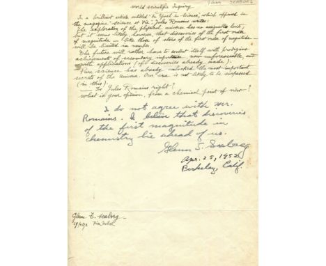 SEABORG GLENN T.: (1912-1999) American chemist. Nobel Prize winner for Chemistry, 1951. Autograph statement signed, Glenn T. 