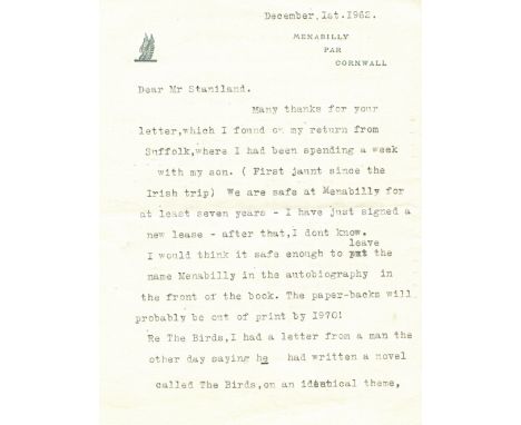 DU MAURIER DAPHNE: (1907-1989) British Author. T.L.S., Daphne du Maurier, two pages, 8vo, Menabilly, Par, Cornwall, 1st Decem