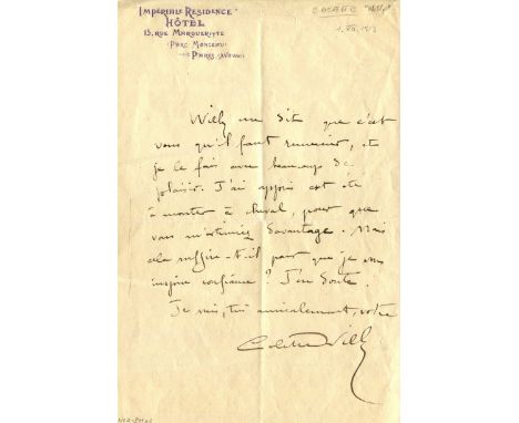 COLETTE: (1873-1954) French author, best known for her novella Gigi (1944). A.L.S., Colette Willy, one page, 8vo, Rue Marguer