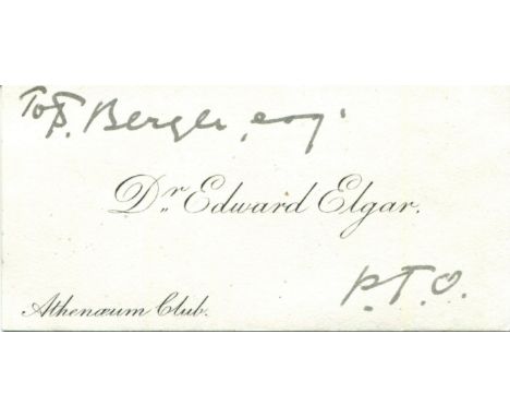 ELGAR EDWARD: (1857-1934) English composer. A.N.S., with his initials E.E., to the recto and verso of Elgar's personal printe