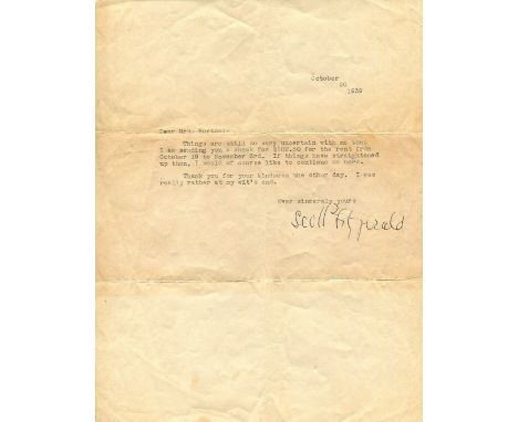 FITZGERALD F. SCOTT: (1896-1940) American novelist whose works include The Great Gatsby (1925). A rare T.L.S., Scott Fitzgera
