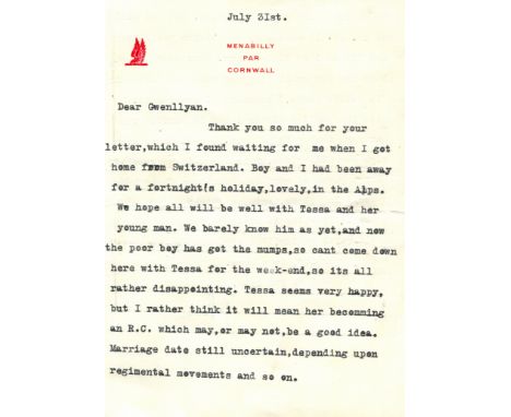 DU MAURIER DAPHNE: (1907-1989) English novelist. T.L.S., Daphne, two pages, 8vo, Menabilly, Par, Cornwall, 31st July n.y. (19