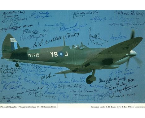 SPITFIRE: A multiple signed colour 11 x 7.5 magazine photograph by over thirty pilots and officers associated with No. 17 Squ