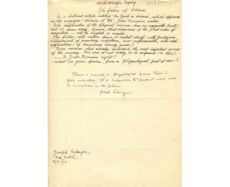 ERLANGER JOSEPH: (1874-1965) American physiologist, Nobel Prize winner for Physiology or Medicine, 1944. Autograph statement 