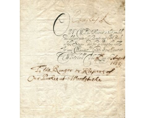 CHARLES II: (1630-1685) King of England, Scotland &amp; Ireland 1660-85. A good D.S., Charles R, as King, at the head, one pa