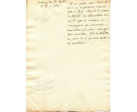 ROUSSEAU JEAN-JACQUES: (1712-1778) French Writer and Philosopher. An interesting autograph manuscript, one page, 4to, n.p., [