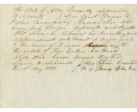 [SLAVERY]: A manuscript D.S. by James R. Fisher, Executor, one page, oblong 8vo, Alabama, 1st January 1849. The document conf