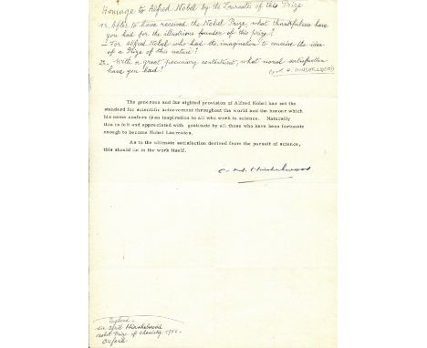 HINSHELWOOD CYRIL N.: (1897-1967) British physical chemist, Nobel Prize winner for Chemistry, 1956. Typed Statement Signed, C