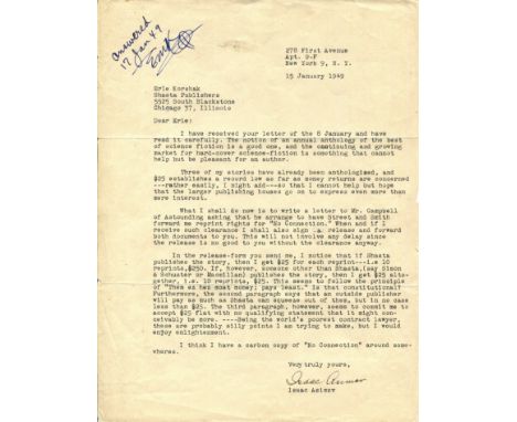 ASIMOV ISAAC: (1920-1992) Russian-born American science fiction writer. T.L.S., Isaac Asimov, one page, 4to, New York, 15th J