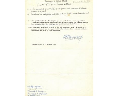 HOUSSAY BERNARDO: (1887-1971) Argentine physiologist, Nobel Prize winner for Physiology or Medicine, 1947. Typed D.S., B A Ho