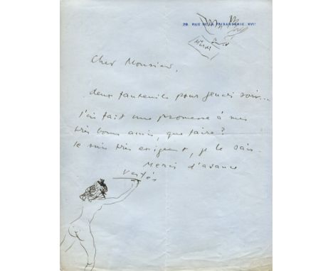 VERTES MARCEL: (1895-1961) French costume designer and illustrator. A charming illustrated A.L.S., Vertes, one page, 4to, Rue