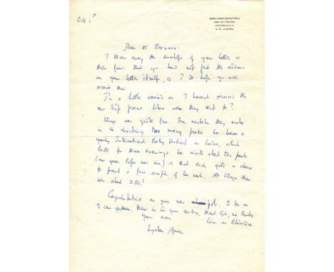 AUDEN W. H.: (1907-1973) British-American poet. A.L.S., Wystan Auden, one page, 4to, Kirchstetten, Austria, 1st October n.y.,