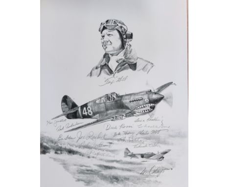 FLYING TIGERS: A multiple signed 11 x 14 print by artist Lonnie Ortega, the image featuring David 'Tex' Hill (1915-2007, Amer