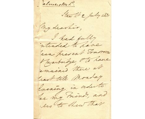 PALMERSTON VISCOUNT: (1784-1865) British Prime Minister 1855-58, 1859-65. A.L.S., Palmerston, six pages, 8vo, Stanhope Street