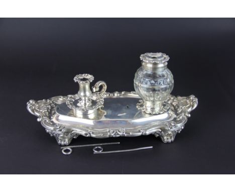 A Victorian silver desk stand Robinson, Edkins and Aston, Birmingham 1841, of oval form with cast shell and scroll detail, su