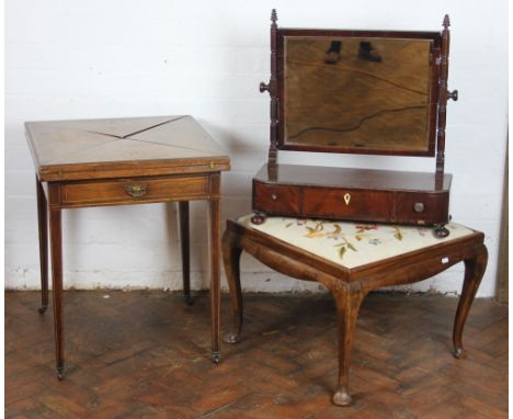 An Edwardian inlaid rosewood envelope card table, on tapered square legs, 66cm x 55cm; with a 19th century mahogany toilet mi