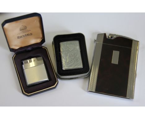 A Ronson combination cigarette case and lighter, within case along with a further Ronson lighter and a Harley Davidson Zippo 