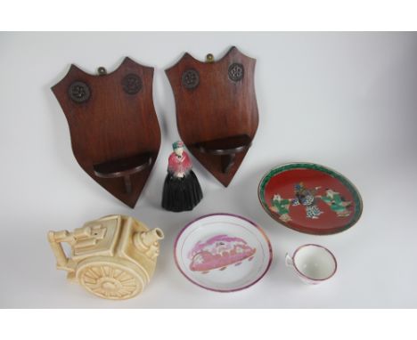 A Clews & Co Ltd Belisha canon teapot and cover; a Carltonware figure of Grandma; a Sunderland lustre pate and cup; a Japanes