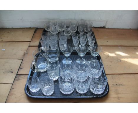 Three trays of glass ware, to include; wines, sherries, brandy's, mugs, tumblers, and a further tray containing posy vases, b
