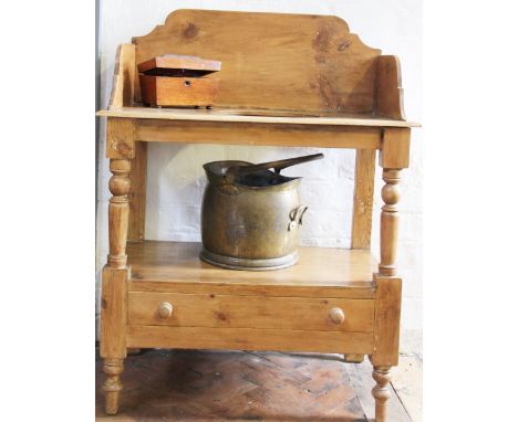 A Victorian pine wash stand with splash back and base drawer, 100cm x 76cm; a two division tea caddy and a coal scuttle (3)