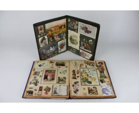 Two late Victorian scrap albums, each enclosing various colour lithograph images of children, animals, proverbs, house hold o
