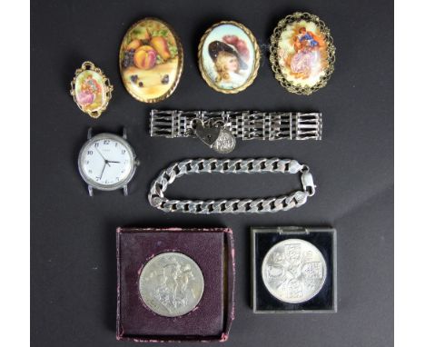Two silver bracelets, weight 47.5gms, three transfer printed brooches, a scarf clip, a Timex watch face, a 1951 and 1953 crow
