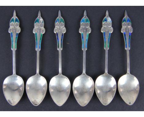 A set of six silver and enamel Cymric teaspoons, Liberty & Co, Birmingham 1904, numbered 332, after a design by Archibald Kno
