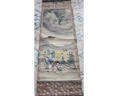 Three Japanese painted canvas scrolls, each depicting; an elemental God including Wind, Rain and a Rainbow, within chrysanthe